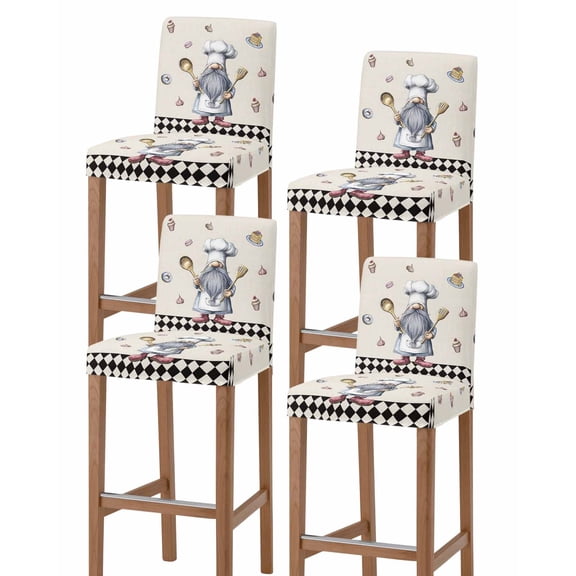 Black White Vintage Gnomes Bar Stool Covers Set of 4, Checkered Retro Art Rustic Stretch Washable Bar Chair Covers with Backs, Removable Pub Counter Height Chair Cover for Kitchen Dining Room Cafe