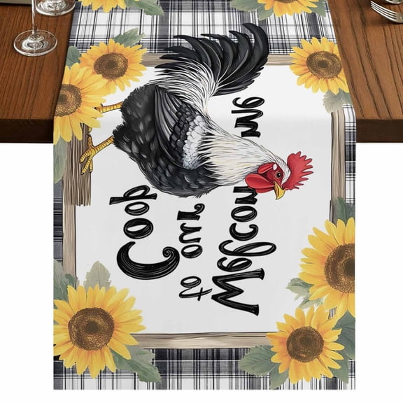 Black White Vintage Rooster 48 Inch Table Runner, Sunflower Farmhouse Striped Farmhouse Dresser Scarf Cotton & Linen Tablerunner for Dining/Kitchen Island/Holiday Party Décor 13" x 48"