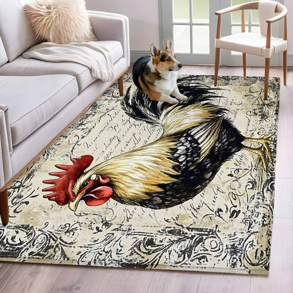 Black White Vintage Rooster Area Rug 3x5 Washable Rug Non Slip ...