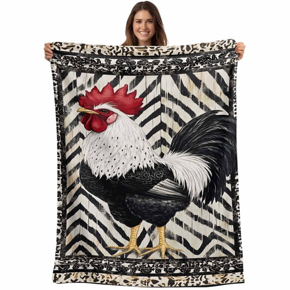 Black White Vintage Rooster Blanket Soft Cozy Warm Throw Blanket for Couch, Plush Fuzzy Flannel Fleece Blankets for Sofa, Boho Pastoral Animals Bed Blankets Lightweight Gifts for Women, 40"x50"