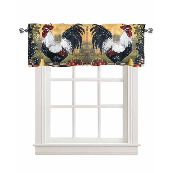 Black White Vintage Rooster Kitchen Valances for Windows Farmhouse Linen Window Valance Curtain for Living Room Window Treatment Pastoral Animals Watercolor Valance Rod Pocket Topper, 42 x 12 Inch