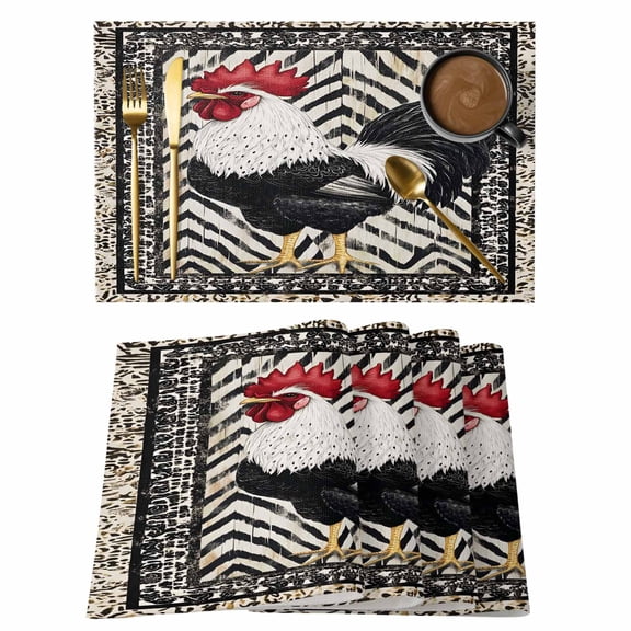 Black White Vintage Rooster Placemats Set of 12 Boho Pastoral Animals Place Mats Indoor Wipeable Table Mats Washable Cloth Dining Table Placemats for Kitchen Holiday Party Home Decor 13x19 Inch
