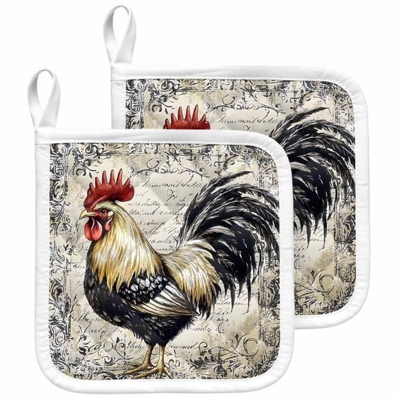 Black White Vintage Rooster Pot Holders for Kitchen Heatproof Potholder, 2 Pack Watercolor Farmhouse Animals Hot Pads Multipurpose Oven Pads Cloth Potholders Trivet for Cooking and Baking