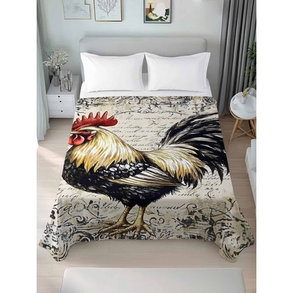 Black White Vintage Rooster Queen Size Flat Sheet, Wrinkleproof & Fadeproof Cooling Flat Bed Sheet Only, Watercolor Farmhouse Animals Breathable Soft Bedding Top Sheets 90 x 102 Inches