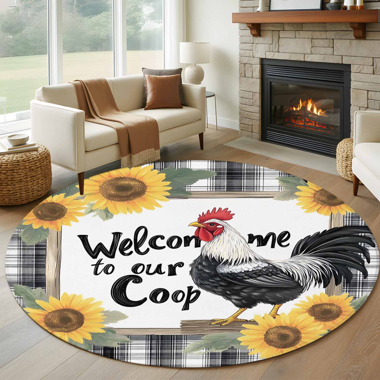 Rooster Design Kitchen Rugs Black White Vintage Rooster Round Rug 5ft Washable Circle Kitchen Rugs ...