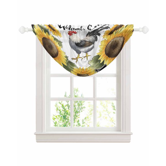 Black White Vintage Rooster Sheer Waterfall Valance Curtains for Window, Sunflower Farmhouse Checkered Rod Pocket Sheer Topper Swag Curtains for Living Room, Kitchen 38.5"W x 47.2"L, 1 Panel