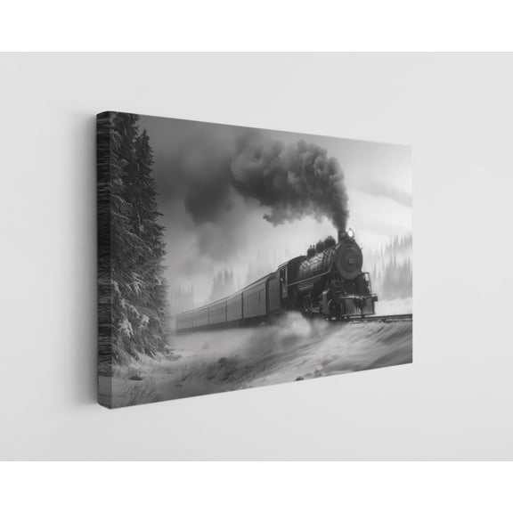 Black and White Vintage Steam Train in Snow Canvas Wall Art - High-Quality Historic Winter Print - Handcrafted Industrial Decor - Modern Wall Art - Gift for Home or Office