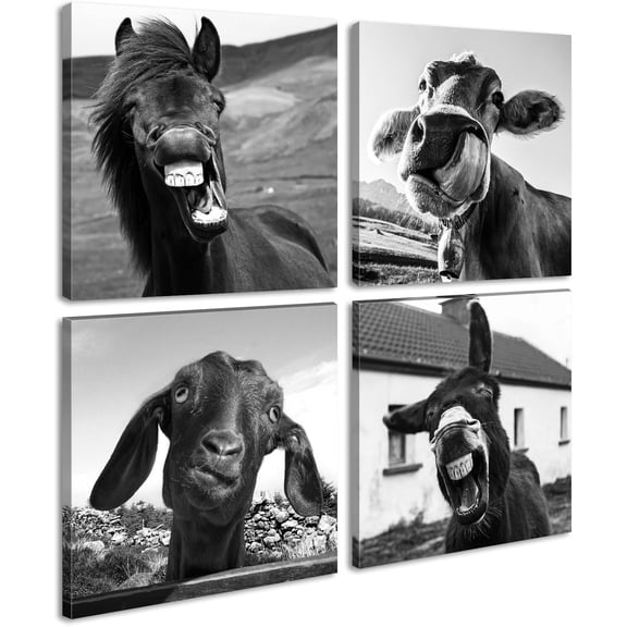 Black and White Wall Art Animal Wall Decor Horse Donkey Sheep Cow Canvas Pictures Prints Funny Decor Posters for Mens Bedroom Office Farmhouse Decoration Stretched Framed Ready to Hang 12×12 inch×4