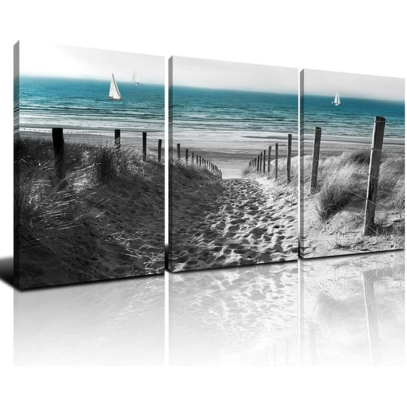 Black and White Wall Art Beach Bathroom Decor Teal Blue Nautical Bedroom Wall Decor Sand Dune Canvas Picture for Living Artwork Coastal Ocean Seascape Painting Home Decorations 12x16" 3Pcs