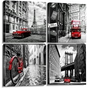 Black and White Wall Art Bedroom Red Wall Decor Paris Pictures for Living Room Bathroom London Eiffel Tower Landscape Canvas Painting New York City Wall Art for Office Home Decor 12×12" 4 Pcs