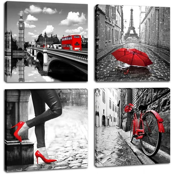 Black and White Wall Art Canvas Print Paris Eiffel Tower City Picture Red Rose High Heels Girl Silhouette Pictures Decor Living Room Bedroom 12"x12"x4