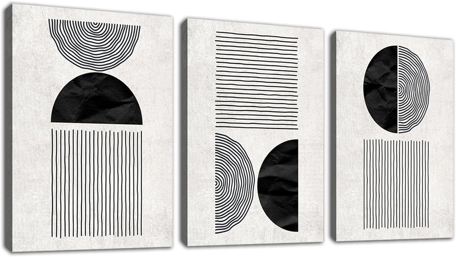 Black and White Wall Art Canvas Set Mid Century Boho Pictures Modern Geometric Lines Half Circles Wall Decor Minimalist Bohemian Abstract Painting for Living Room Bedroom Office 12"x16"x3Pc