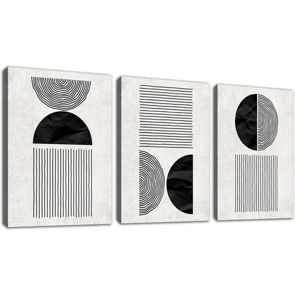 Black and White Wall Art Canvas Set Mid Century Boho Pictures Modern Geometric Lines Half Circles Wall Decor Minimalist Bohemian Abstract Painting for Living Room Bedroom Office 12"x16"x3Pc
