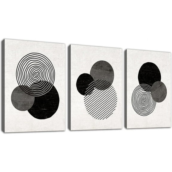 Black and White Wall Art Canvas Set Mid Century Boho Pictures Modern Geometric Lines Rounds Wall Decor Minimalist Bohemian Abstract Painting Artwork for Living Room Bedroom Office 12"x16"x3Pc