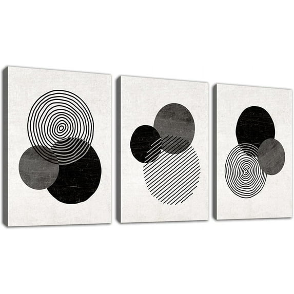 Black and White Wall Art Canvas Set Mid Century Boho Pictures Modern Geometric Lines Rounds Wall Decor Minimalist Bohemian Abstract Painting Artwork for Living Room Bedroom Office 12"x16"x3Pc