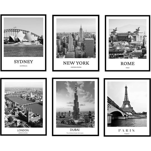 Black and White Wall Art Decor,New York, London, Tokyo, Paris, Eiffel Tower Wall Decor Art,Modern Boho Wall Art for Living Room Bedroom Prints Poster,8x10 Inch Set of 6,Unframed