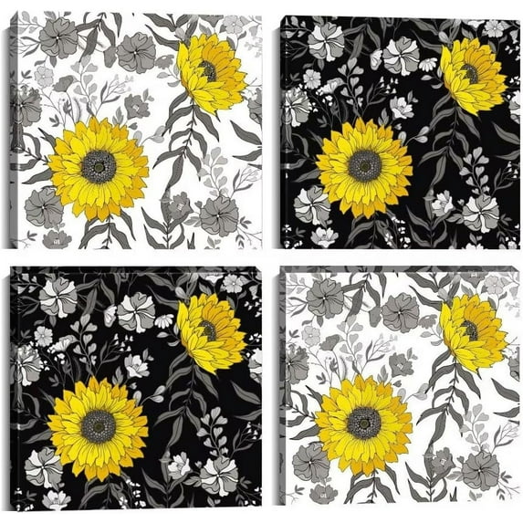 Black White Wall Art Sunflower Painting Yellow Wall Decor Flower Canvas Print Picture for Living Room Bedroom Bathroom Home Decorations Framed Artwork Ready to Hang 4 Pieces (16x16inchx4)