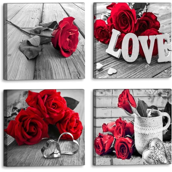 Black and White Wall Decor Red Floral Pictures Wall Art Bedroom Living Room Accessories Kitchen Home Decorations 4Set Nature Flower Love Rose Prints Paintings Posters Modern Artwork 14x14 Girl Gifts