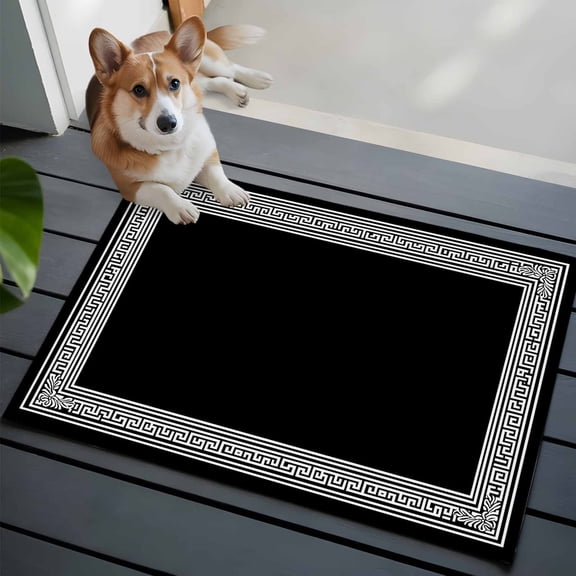Black White Washable Area Rug 2x3 Geometric Greek Key Bordered Abstract Art Low-Profile Area Rugs with Non Slip Backing Indoor Floor Carpet for Entrance Living Room Bedroom Home Office