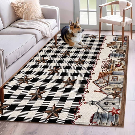 Black White Washable Area Rug 3x5 Buffalo Plaid Country Star Barn Barrel Farmhouse Low-Profile Large Area Rugs with Non Slip Backing Indoor Floor Carpet for Entrance Living Room Bedroom Home Office