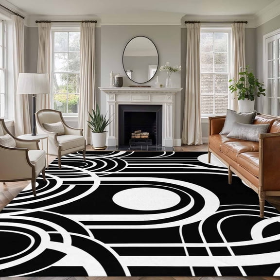 Black White Washable Living Room Rugs 5'x8', Abstract Line Boho Minimalist Mid Century Arch Geometric Low Pile Throw Large Area Rug Non-Slip Sturdy Edge Binding Carpet for Living Room Kitchen Office