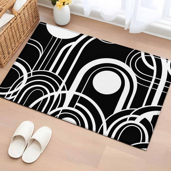 Black White Washable Small Entryway Area Rugs 2'x3', Abstract Line Boho Minimalist Mid Century Arch Geometric Low Pile Throw Rug Non-Slip Sturdy Edge Binding Carpet for Front Door Floor Room Entry