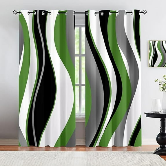 Black and White Water Blackout Curtains for Bedroom, Green Geometric ...