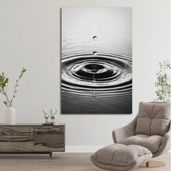 Black White Water Drop Ripple Zen Minimal Abstract Wall Art, Unframed Canvas 24x36in
