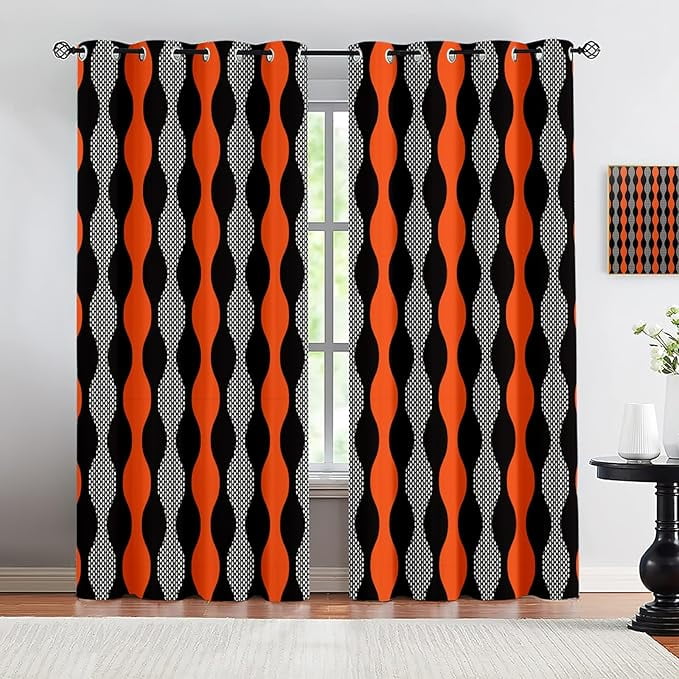 Room Darkening Window Curtains – 2 Panels, 38x54 Inches, Orange Paisley Geometric Print, Grommet Top