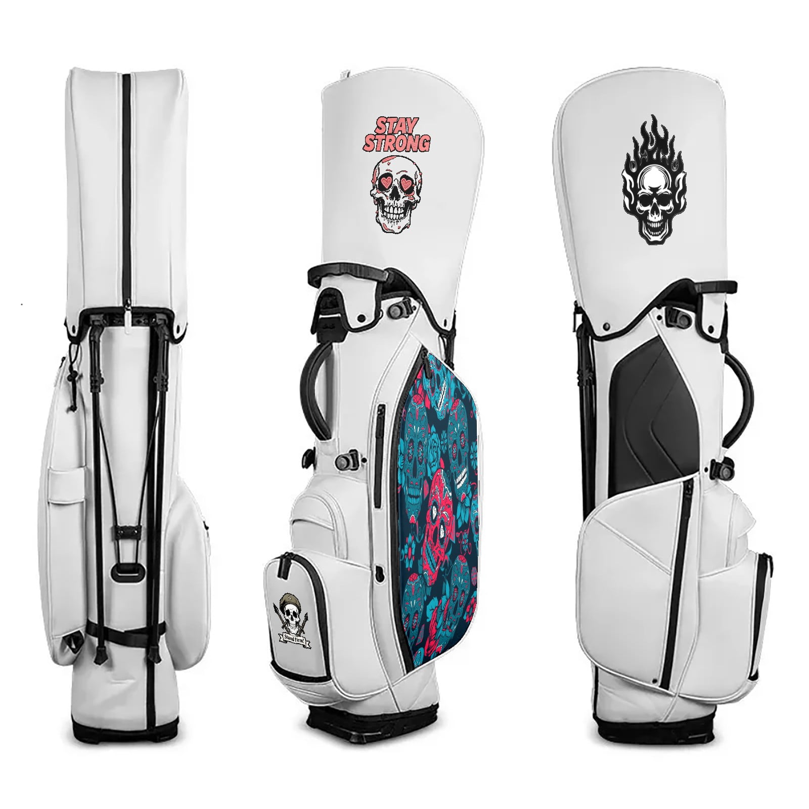 Black White Waterproof Durable Leather Golf Stand Bag 14 Ways Divider Large Capacity & Adjustable Shoulder Straps Golf Club Bag for Men and Women Blue And Red Skull