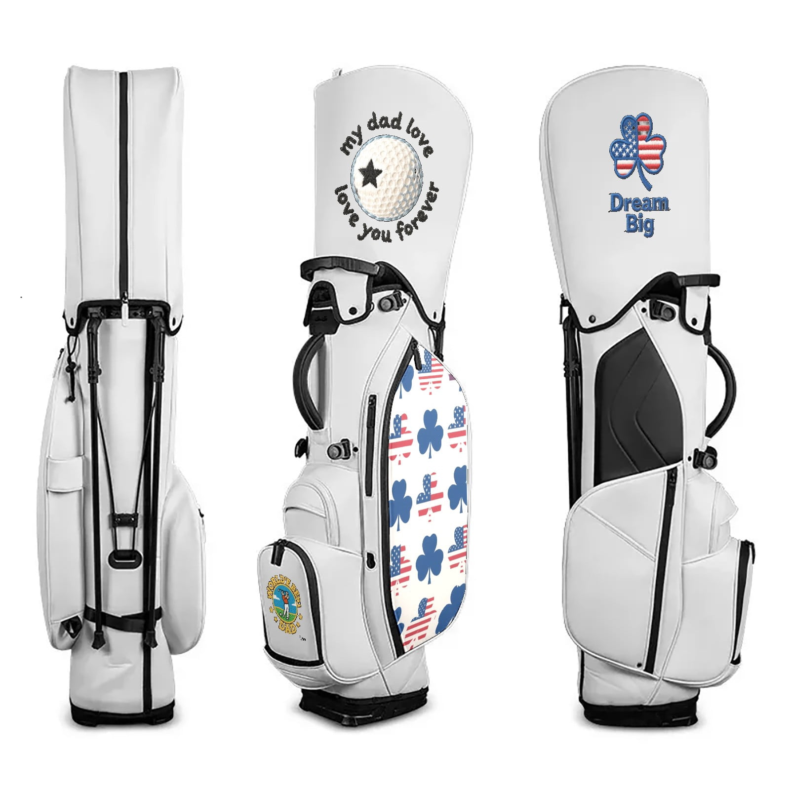 Black White Waterproof Durable Leather Golf Stand Bag 14 Ways Divider Large Capacity & Adjustable Shoulder Straps Golf Club Bag for Men and Women Clover And Flag