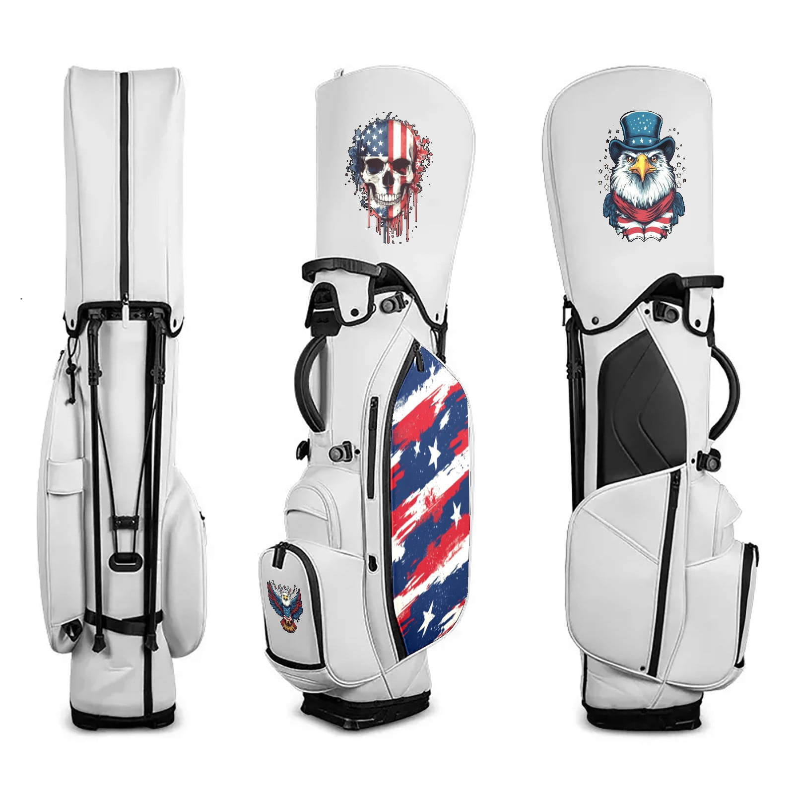 Black White Waterproof Durable Leather Golf Stand Bag 14 Ways Divider Large Capacity & Adjustable Shoulder Straps Golf Club Bag for Men and Women Red, White And Blue Heart And Star Pattern
