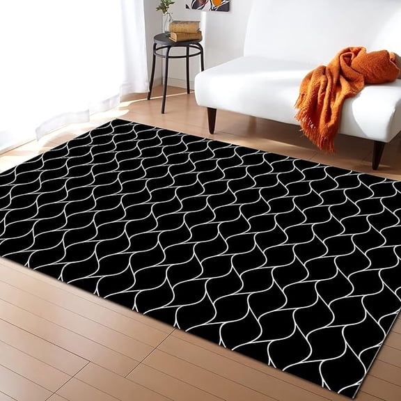Black White Wave Abstract Art Area Rug, Thin Line Art Soft Washable Carpet, Upholstery Rug With Non-Slip Backing For Kids Bedroom Living Room Dining Room Study 3 x 4ft