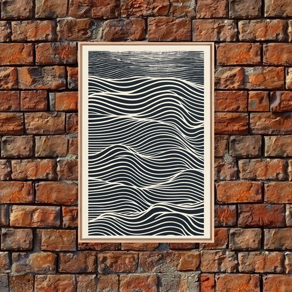 Black White Wave Abstract Woodblock Style Wall Art Poster, Unframed Size 8x12