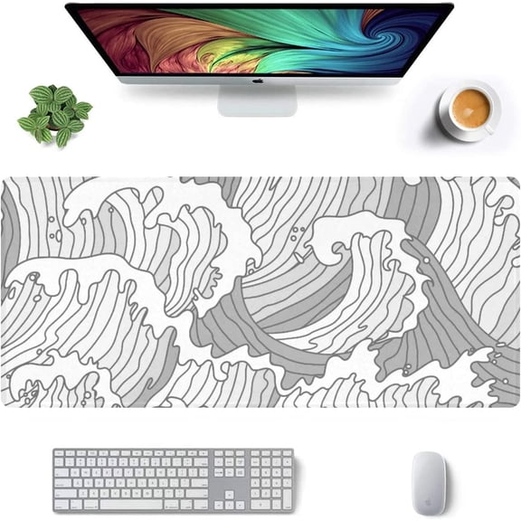 Black and White Wave Large Mouse Pad, Full Desk XXL Extended Gaming Mouse Pad 35" X 17", Waterproof Desk Mat with Stitched Edges, Non-Slip Base, Keyboard Pad, Desk Mat for Gamer, Office & Home
