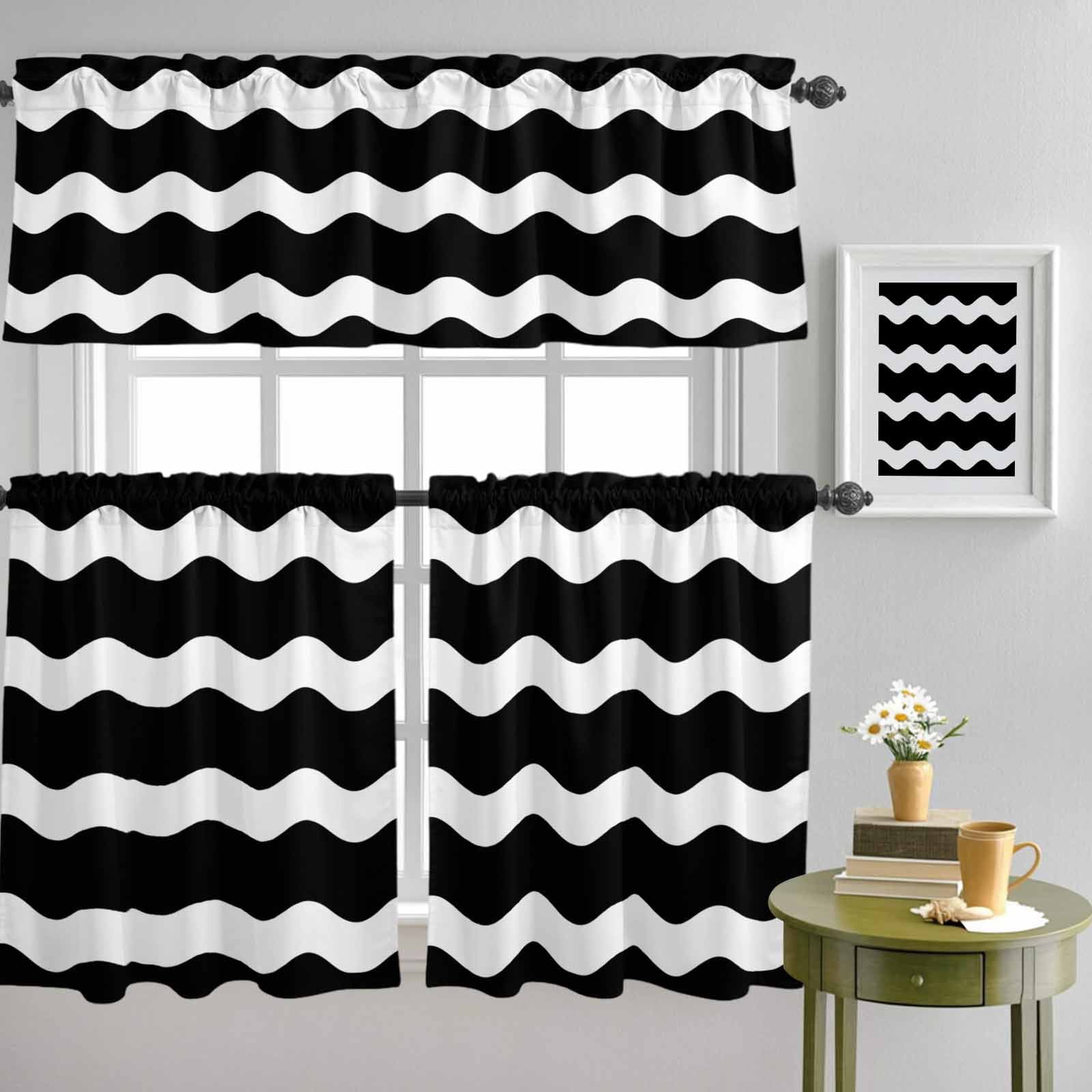 Black and White Wave Stripe Curtain Tier and Valance Set 3 Piece