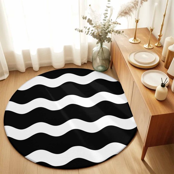 Black and White Wave Stripe Round Area Rug 3ft,Living Room Rug Non-Slip Washable Circle Rugs Pad,Modern Minimalist Lines Art Soft Floor Carpet for Bedroom Dining Room