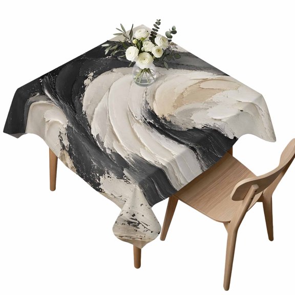 Black White Waves Table Cloth 60x60 Inch Square, Modern Farmhouse Abstract Minimalist Lines Waterproof Tablecloth Washable Table Cover for Party Picnic Dinner Decor
