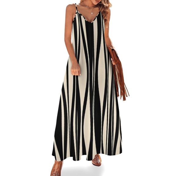 Black White Wavy Abstract Pattern Sleeveless Dress Women's Evening Dress Womans Clothing