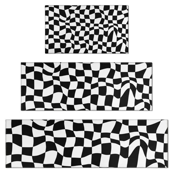 Black and White Wavy Checkerboard Pattern Kitchen Rugs Sets Of 3,Kitchen Runner Rugs Non Skid Washable,Decorative Kitchen Floor Mats for Kitchen,Sink,Laundry,17"x30"+ 17"x47" + 17"x59"