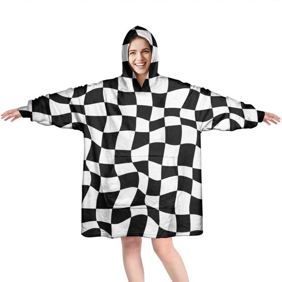 Black and White Wavy Checkerboard Pattern Wearable Oversized Blanket,Wearable Blanket Hoodie for Adults,Cozy Hooded Blankets with Super Pockets,Super Warm Fuzzy Pullover for Women & Men