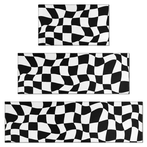 Black and White Wavy Checkered Pattern Kitchen Rugs Set Of 3, Non Slip Washable Kitchen Runner Rugs, Decorative Floor Mats for Sink Laundry and Home Use, 17"x30" + 17"x47" + 17"x59"