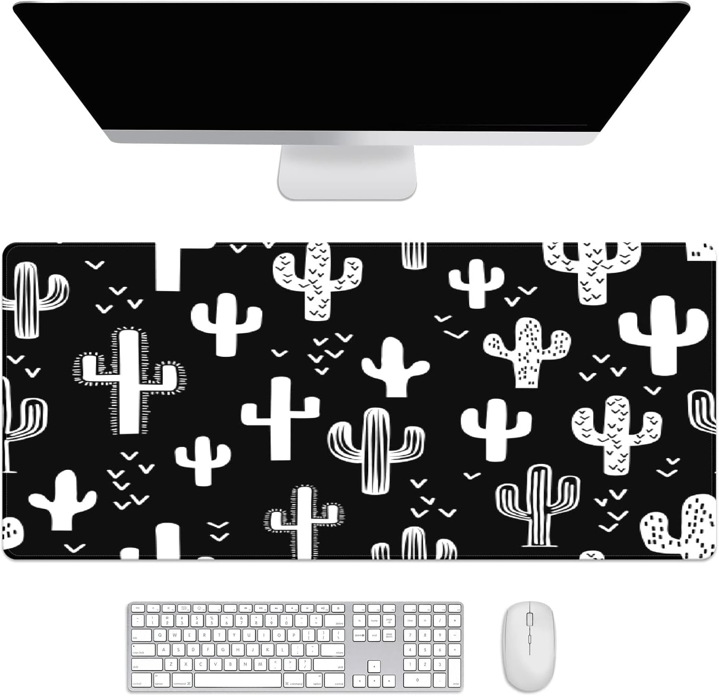 Black and White Western Cactus Desk Mat, Desk Accessory, Cute Workspace, Trendy Workspace, Trendy, 35.4x15.7in Large Gaming Mouse Pad, Cute Desk Topper, Pretty Desk Pad