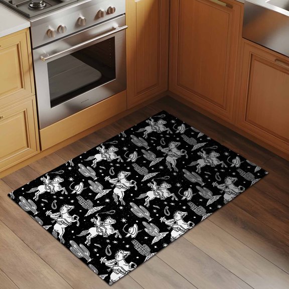 Black White Western Cowboy 2x3 Rug for Entryway Front Door Kitchen Sink Area, Vintage Cactus Cowboy Hat Horse Star Low Pile Washable Non Slip Rectangle Area Rug
