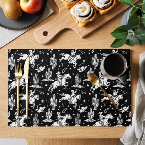 Black White Western Cowboy Placemats Set of 4, Vintage Cactus Cowboy ...