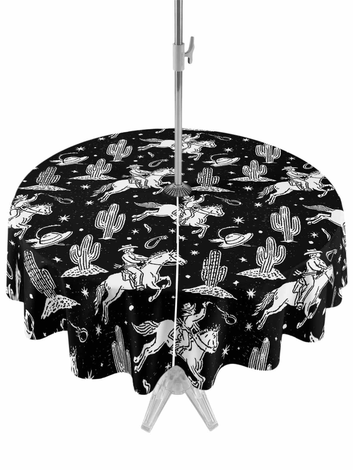 Black White Western Cowboy Round Outdoor Tablecloth with Umbrella Hole ...