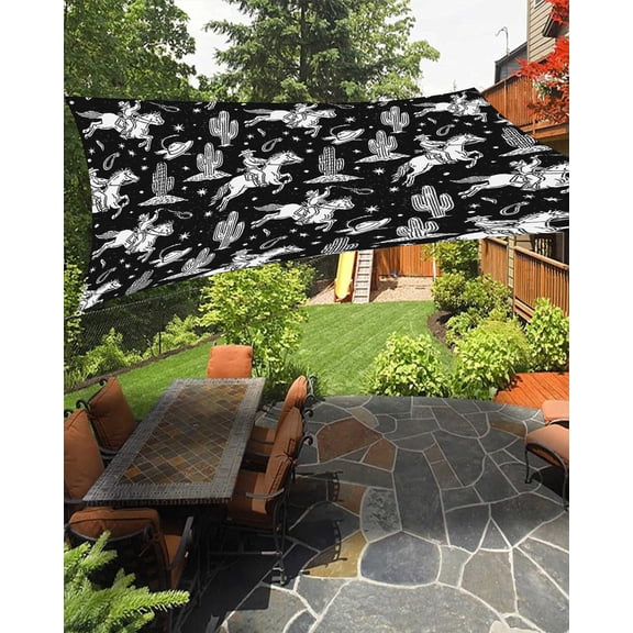 Black White Western Cowboy Sun Shade Sail 6.5'X10' Vintage Cactus Cowboy Hat Horse Star UV Block Outdoor Sail Shades Breathable Waterproof Rectangular Sunshade for Patio Garden Pool Pergola Porch