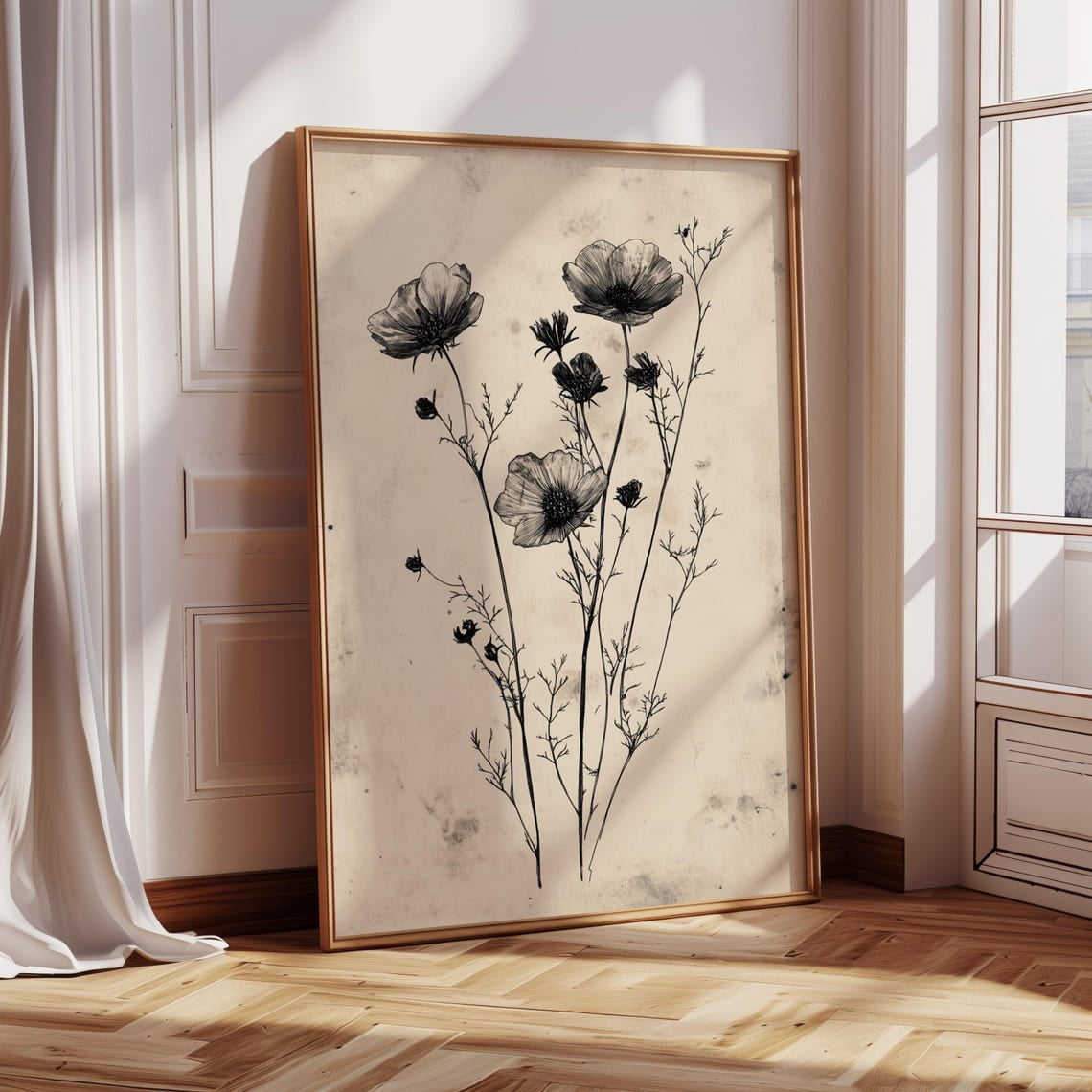 Black And White Wildflower Botanical Print, Vintage Floral Line Art ...