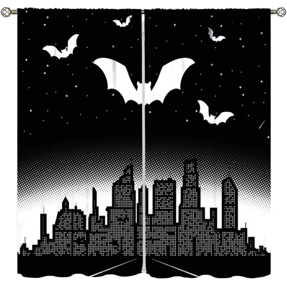 Black White Window Curtains 84" x 84" 2 Panel Hero Comic Art City Starry for Bedroom Decor