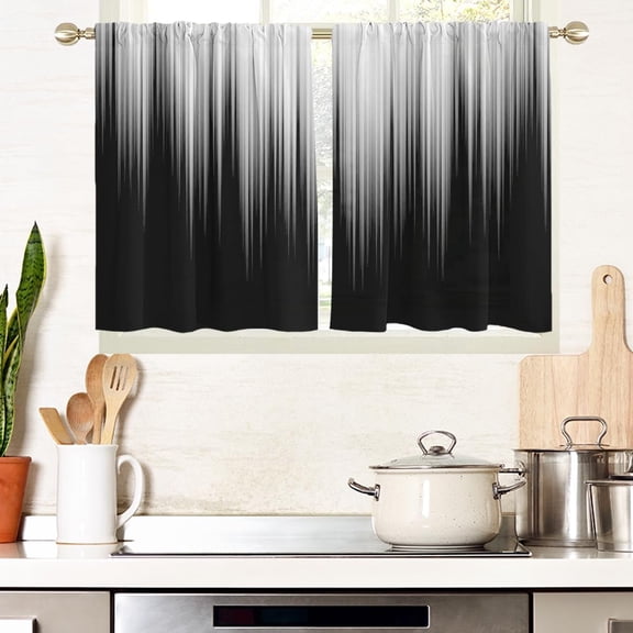 Black and White Window Curtains for Kitchen Abstract Ombre Men Simple Small Short Home Living Room Bedroom Bathroom Rod Pocket Drapes Treatment Tiers Fabric 1 Pair, 27.5" W x 36" L, Gradient